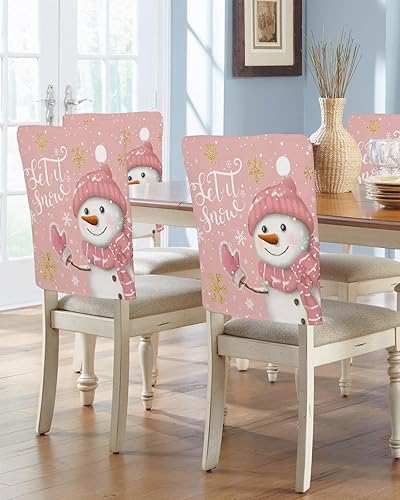 Juego de 4 fundas para sillas de Navidad, diseño de muñeco de nieve rosa, para comedor, diseño de copo de nieve de invierno, fundas extraíbles para