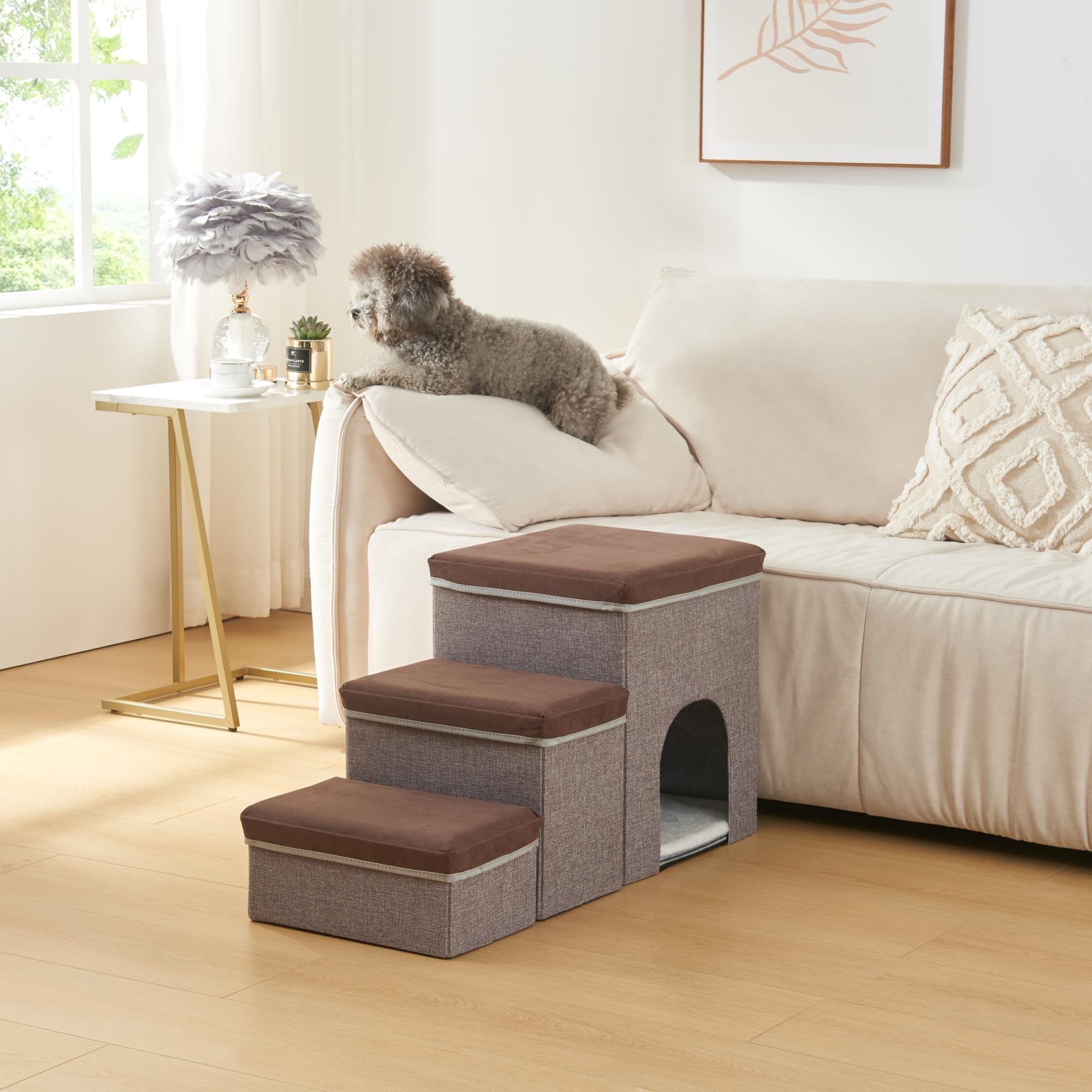 [en.casa] Scala a 3 Gradini per Cani e Gatti con Porticina Contenitori Pieghevoli con Coperchio Antiscivolo in Ecopelle 76 x 33 x 43 cm - Marrone Scuro/Grigio