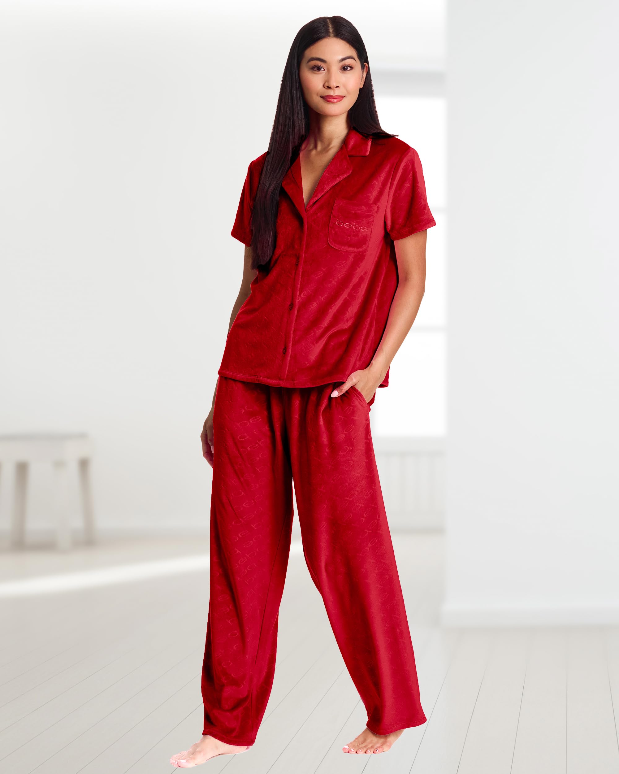 bebe Soft Velour Pajamas for Women, Red PJs for Women Set, Velour Set for Lounge and Sleep (Crimson, Large)