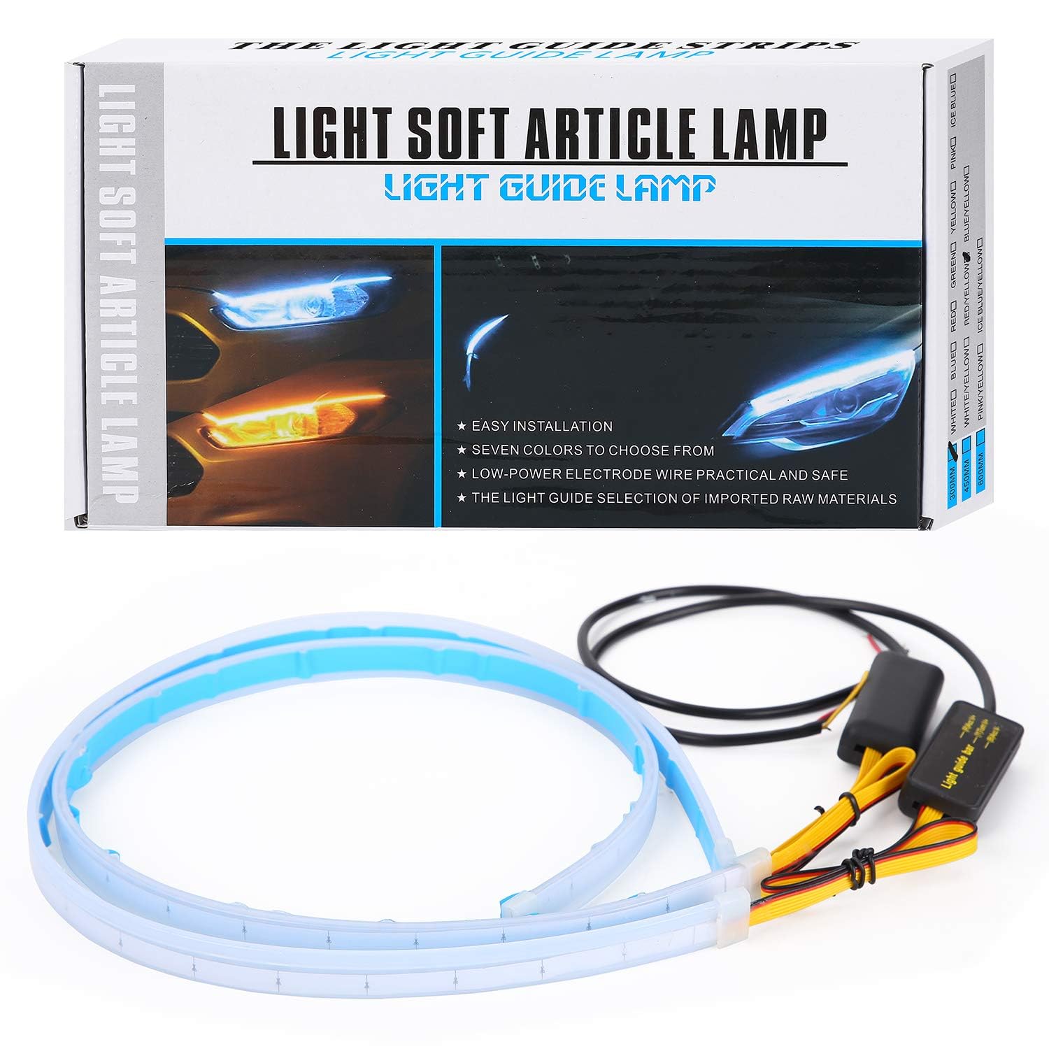 MAKINGTEC 2 Pcs Flexible Car Led Light Strip, Dual Color 24 Inches DRL LED Headlight Surface Strip Tube Light Daytime Running White & Amber Waterproof Switchback Sequential Lamp Turn Signal Light