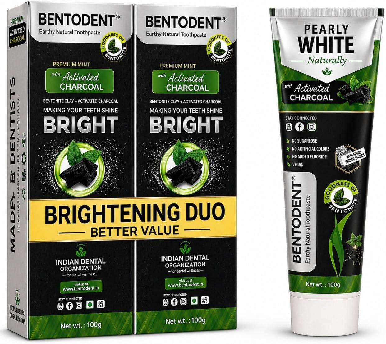 Bentodent toothpaste - Teeth Whitening Products | Activated Charcoal Mint Teeth Whitening Toothpaste | Enamel Safe, Natural | Foam free, Fluoride Free - (Pack of 2 Teeth Whitening Products)
