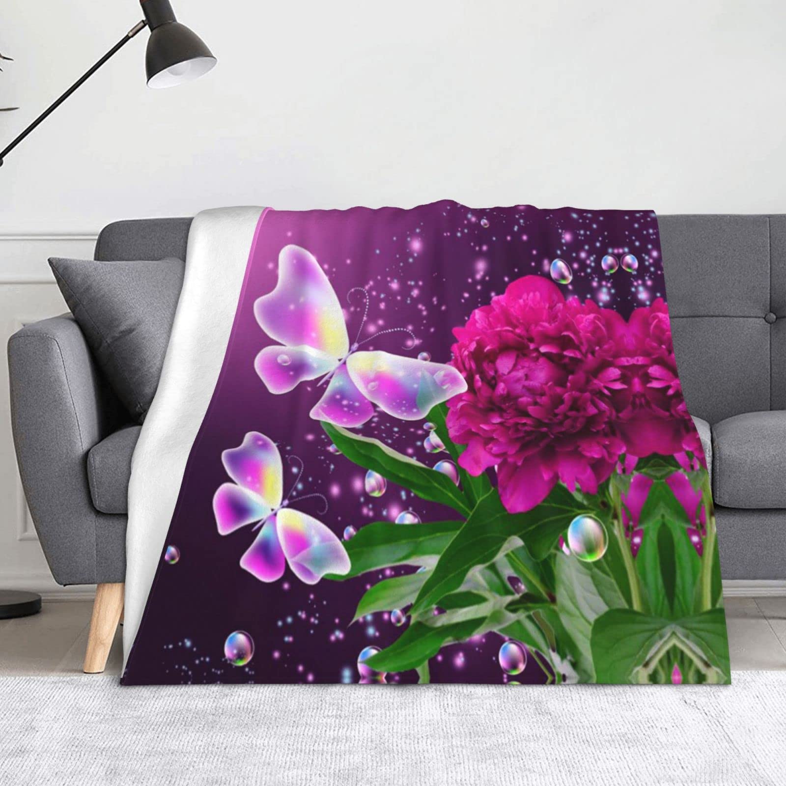 Couverture en flanelle violette à motif floral et papillon pour lit et canapé