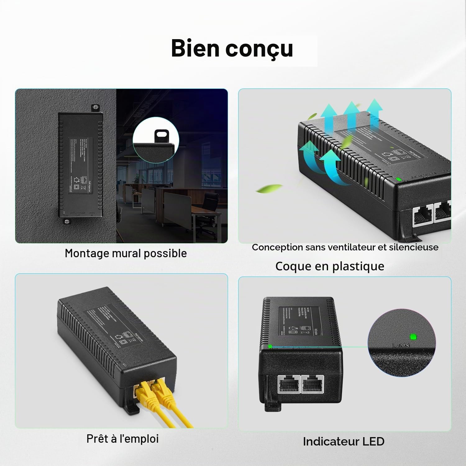 Injecteur PoE+ 2,5 Gigabit 60 W, adaptateur PoE YuLinca conforme à 802.3af/at/bt, 100/1000/2500 Mbps, Plug & Play, distance jusqu'à 100 mètres