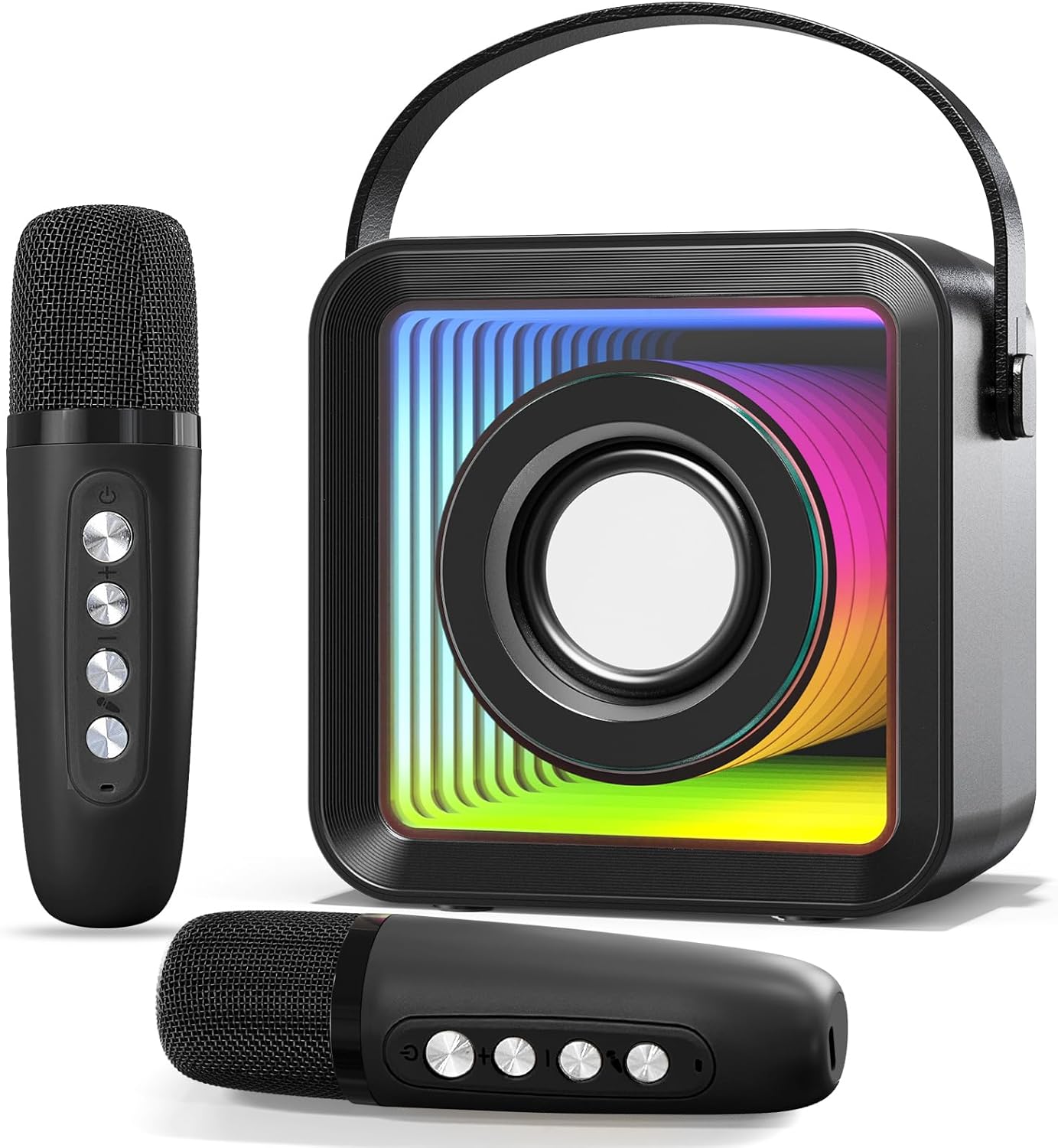 Mini Karaoke Machine with 2 Wireless Microphones, Portable Bluetooth Singing Speaker with Lights for Kids & Adults, Child Karaoke Toys, Gift for Girls & Boys for Birthday, Home Party (Black)
