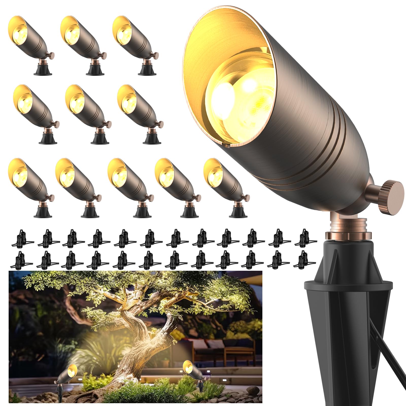 ZONEGRACE Niederspannungs-Landschaftslichter aus Messing, strapazierfähig, wasserdicht, 12 V, Landschaftsbeleuchtung, Bronze mit Anschlüssen, Kupfer-LED-Deckenleuchten und Strahlern, MR16-Glühbirne