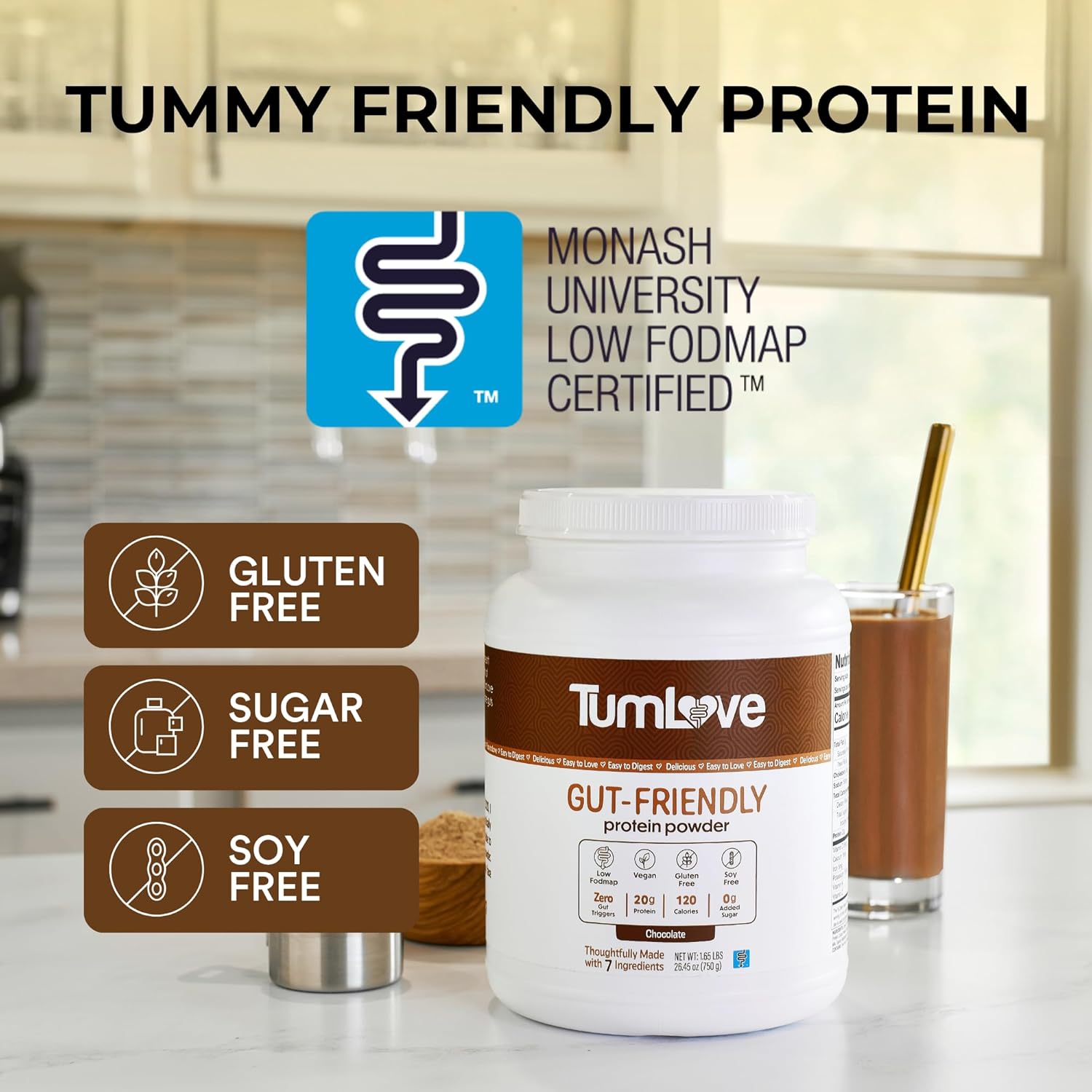 TumLove Vegan Protein Powder - Low FODMAP Certified, Gluten-Free, Dairy-Free, Soy-Free, 100% Gut-Friendly & Non-Bloating, Chocolate (25 Servings)