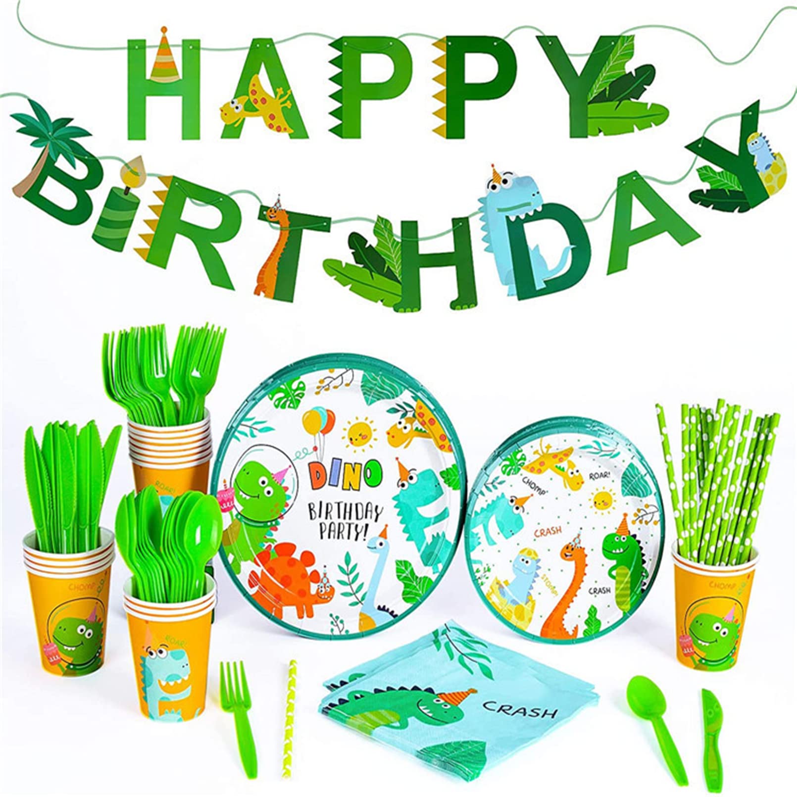 AM ANNA Dinosaur Party Supplies (Serves 16), All-in-One Birthday Party Supplies Disposable Plates,Tableware and Cups and Napkins Sets,Cutlery Birthday Supply (Dinosaur Set 114pcs)