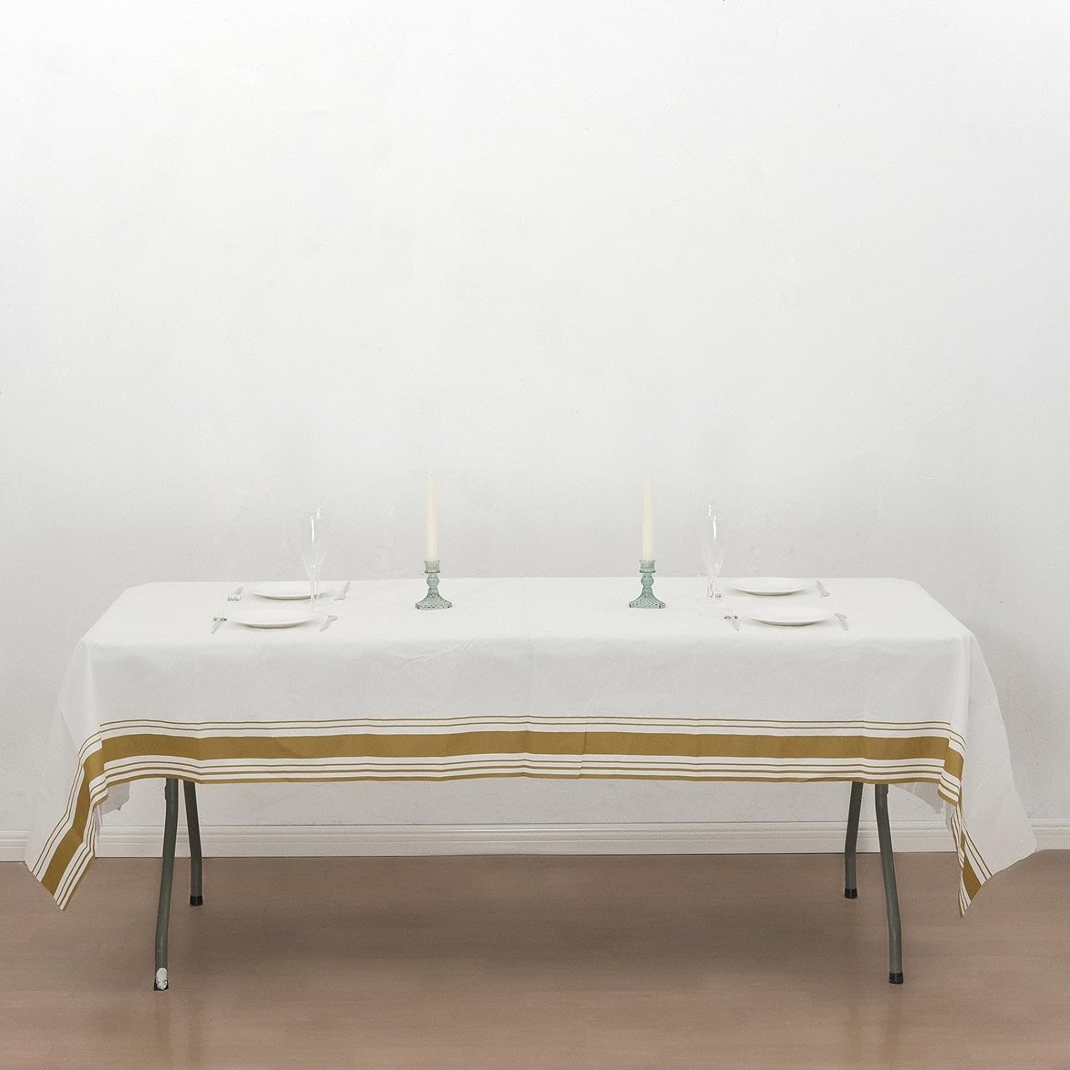 Tableclothsfactory White Airlaid Paper Rectangular Tablecloth with Gold Striped Border, Soft Linen-Feel Disposable Table Cover - 50"x108" for Party & Decorations