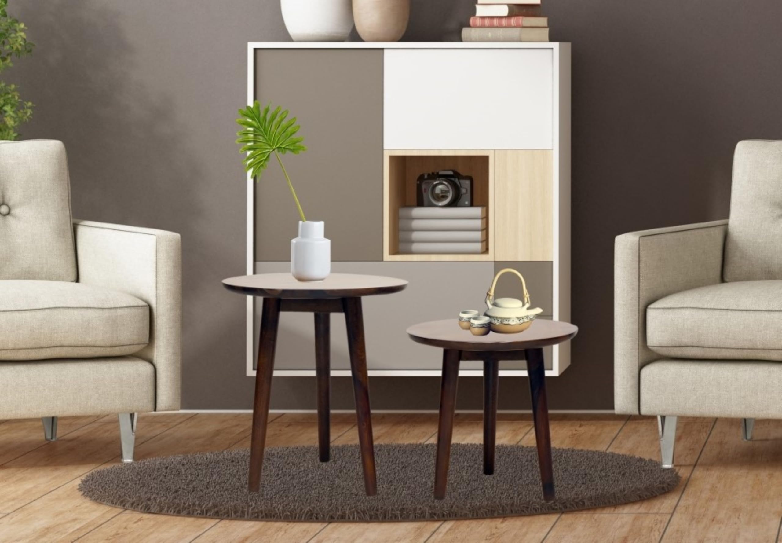Shree Nemi, Solid Wood Round Side Table, Sheesham Solid Wood Side Table, Sofa Set Table | Natural Teak Wood Finish.