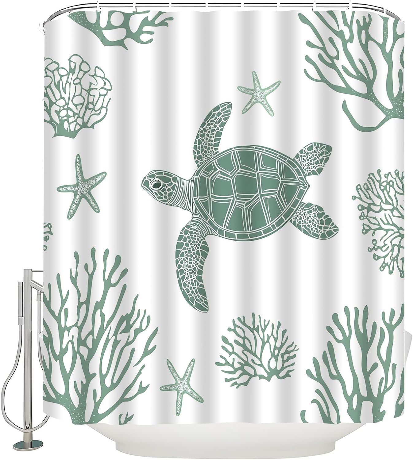 Sage Green Sea Turtle Shower Curtain Coral Starfish, 70×70 Inch