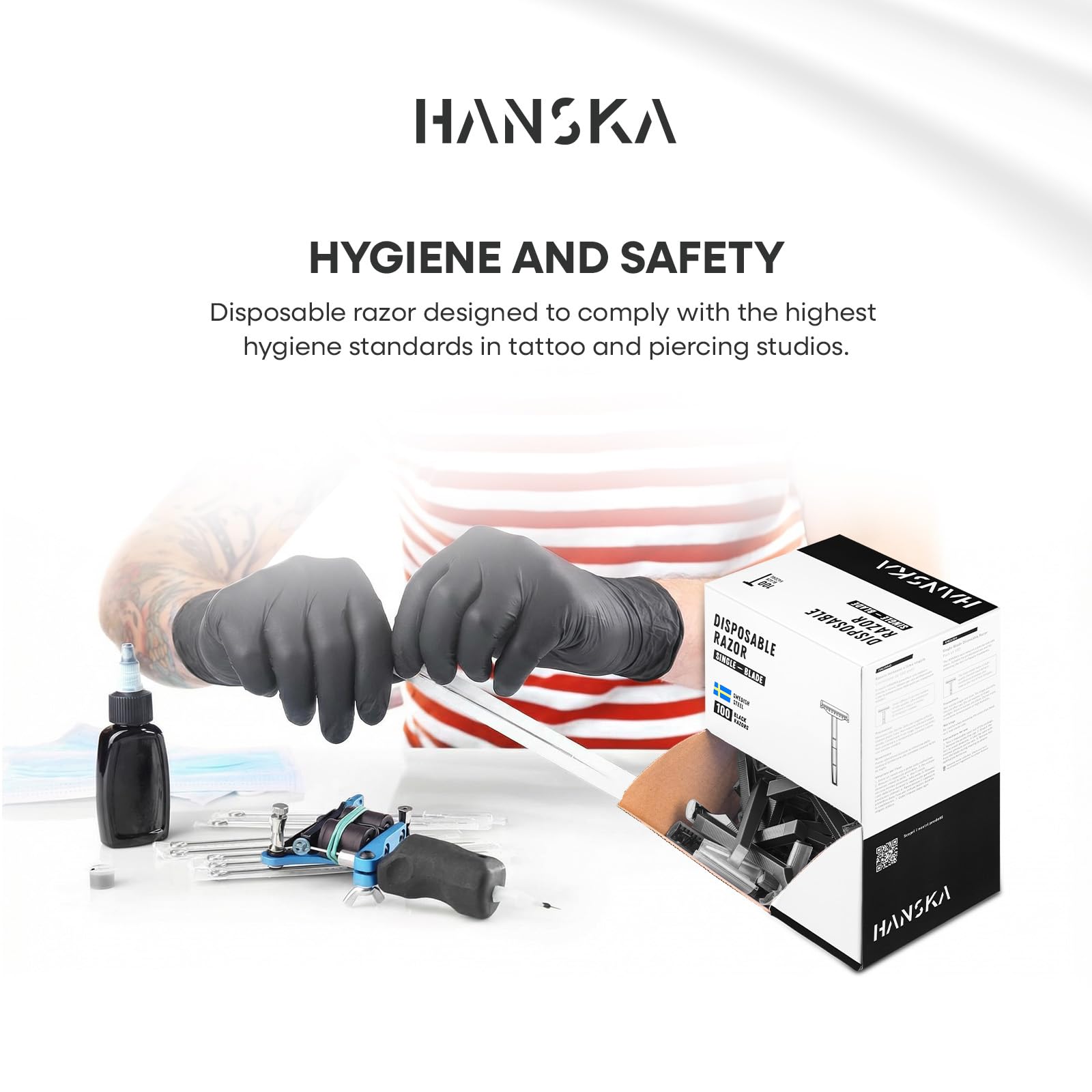 HANSKA Tattoo Supply - Jednorazowa maszynka do golenia dla tatuatorów - Czarna - Wysokiej jakości stalowe ostrze - Opakowanie 100 sztuk - Wygodne golenie (JEDNOOSTRZOWA)