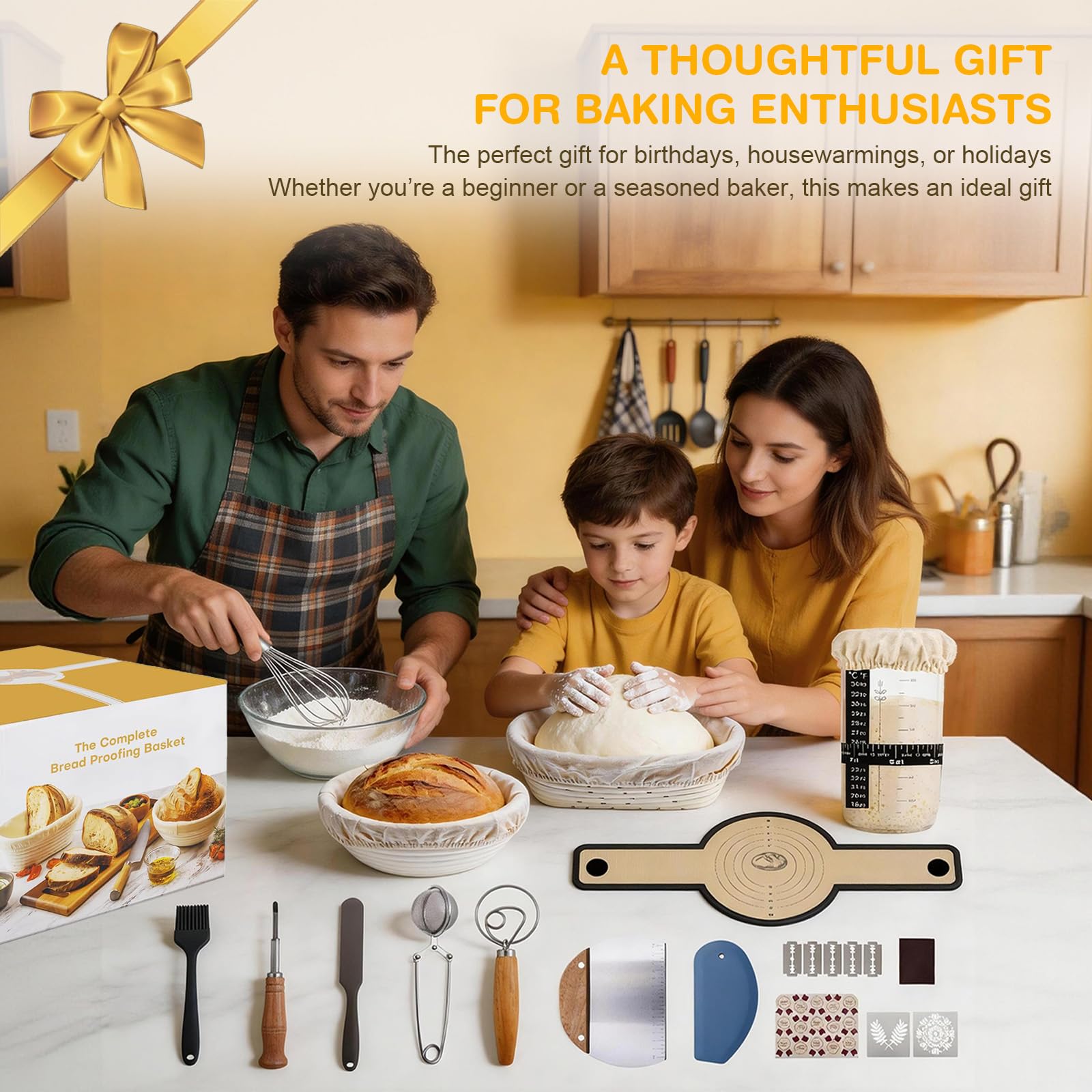 Cestino da Lievitazione per Pane, Set Lievitazione Pane 25cm Ovale & 23cm Rotondo, Kit Completo di Lievito Madre con Barattolo per Levito Madre, Accessori per la cottura del pane per Principianti