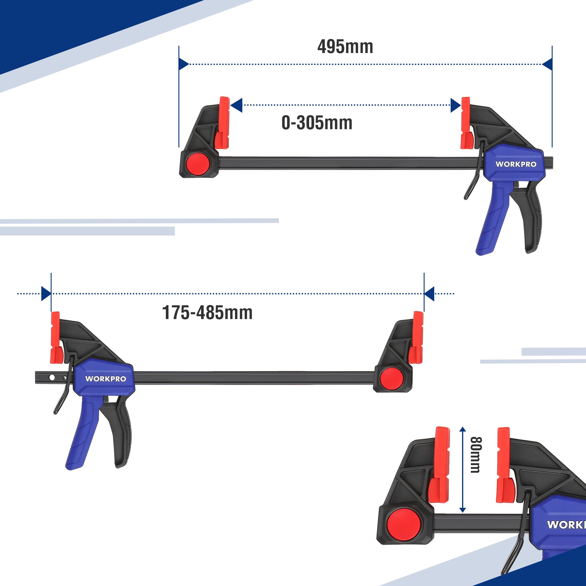 WORKPRO Jeu de Serre-joints Rapide 2 Pièces en Acier et Nylon Renforcé pour une Fixation Précise, Largeur de Serrage 305 mm, Force de Serrage Maximale 136 kg, Plage d'Etirement 175-483 mm