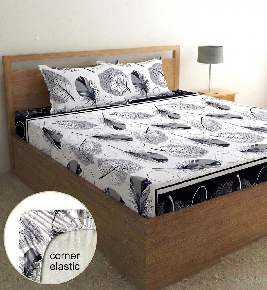 Image of Fashion String Microfibre Leaf Print Corner Elastic Fitted Double Bedsheet (72x78 Inches) with 2 Pillow Covers