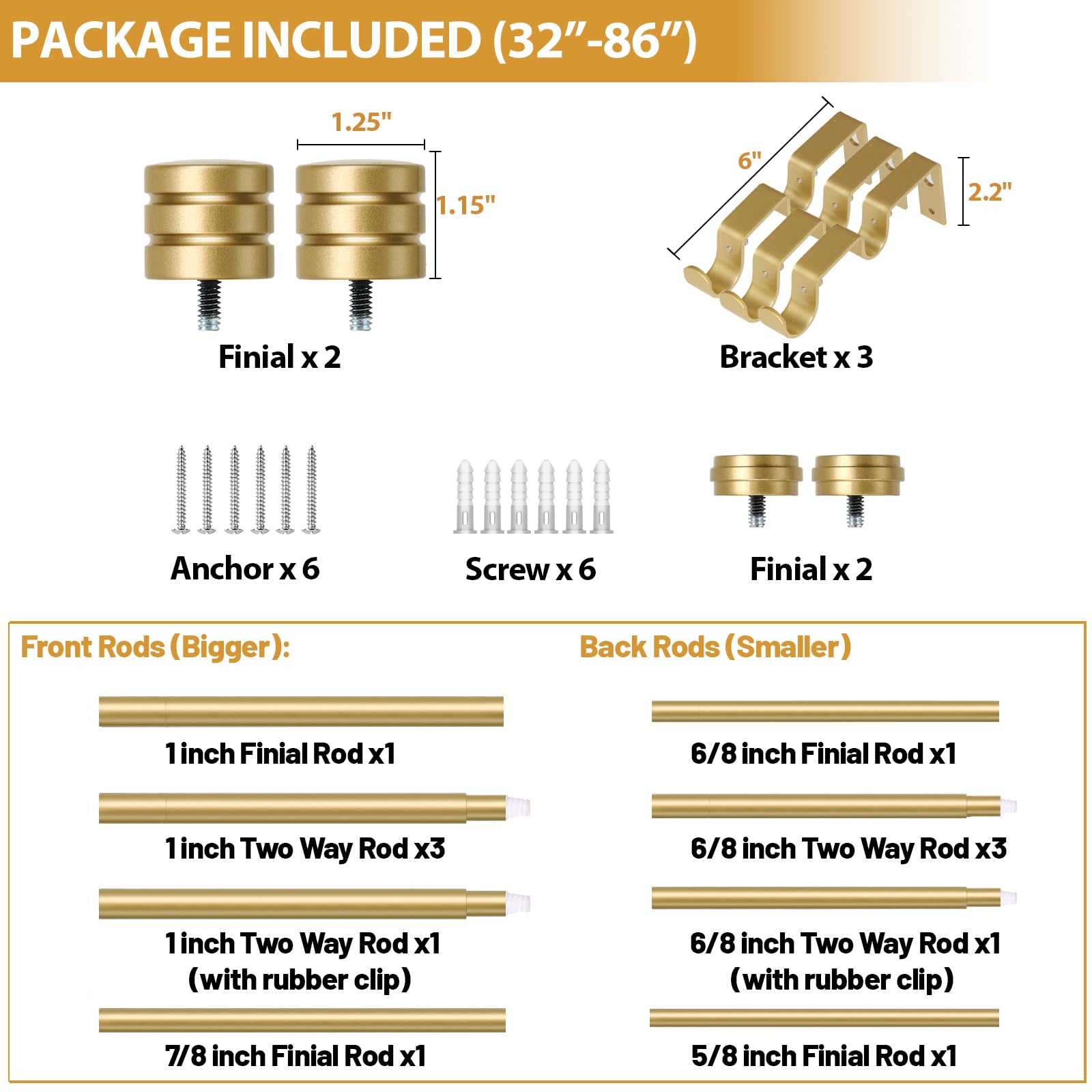 TONIAL Bastone per tende doppie da 2,5 cm, per finestre da 122 a 213 cm, resistente, decorativo, da 82 a 216 cm, con terminale classico, oro