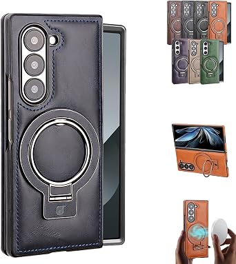 2025 New Premium PU Leather Magnetic Case with Stand for Samsung Case, Transmitg Phone Case with Magnetic Invisible Ring Stand for Samsung Fold 3/4/5/6 Blue,for Z fold3