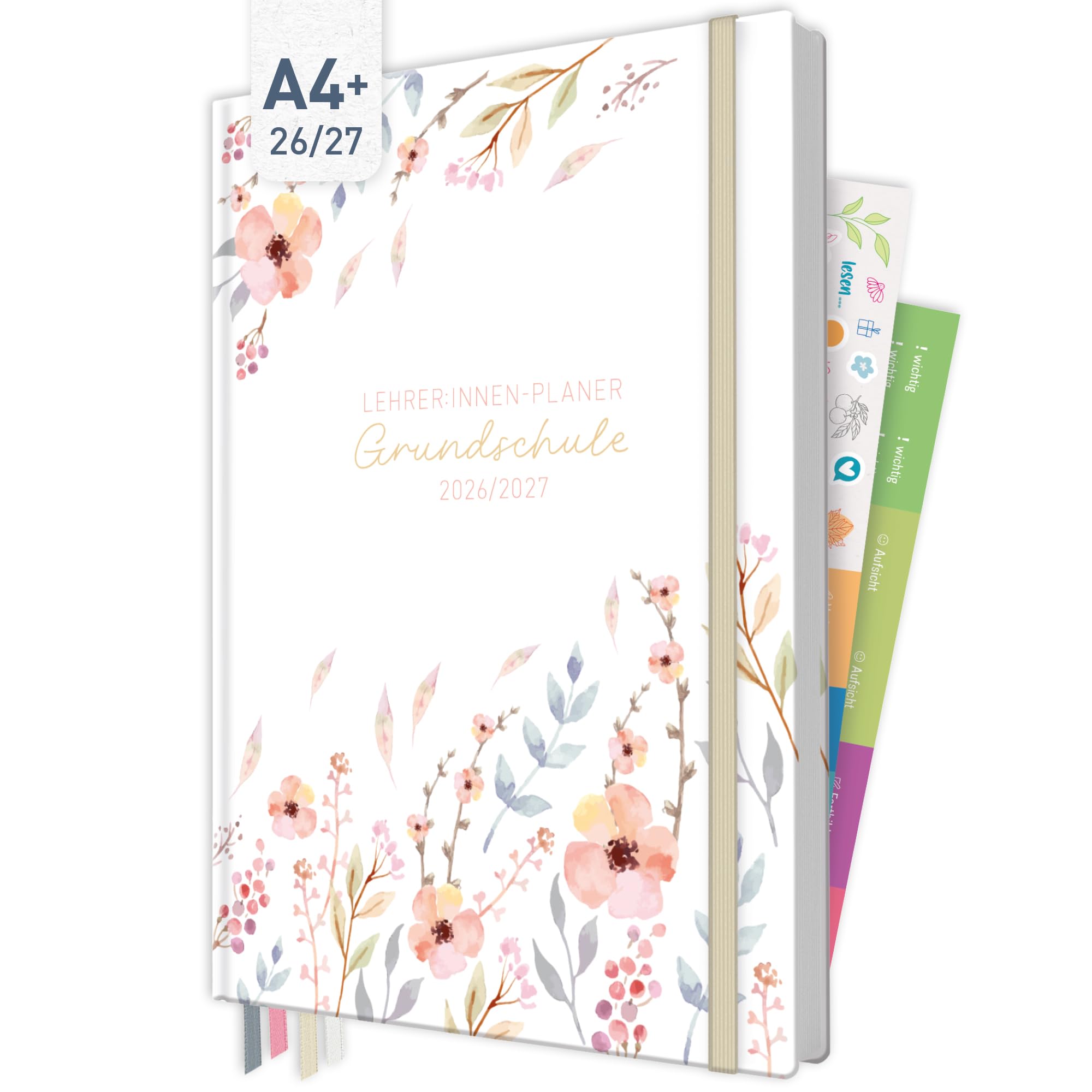 Häfft® Lehrerplaner Grundschule 2026/2027 im A4+ Format Hardcover - Schuljahr 12 Monate (Aug 26 - Jul 27) Lehrerkalender & Unterrichtsplaner für Klasse 1–4 "Sweet Flowers"