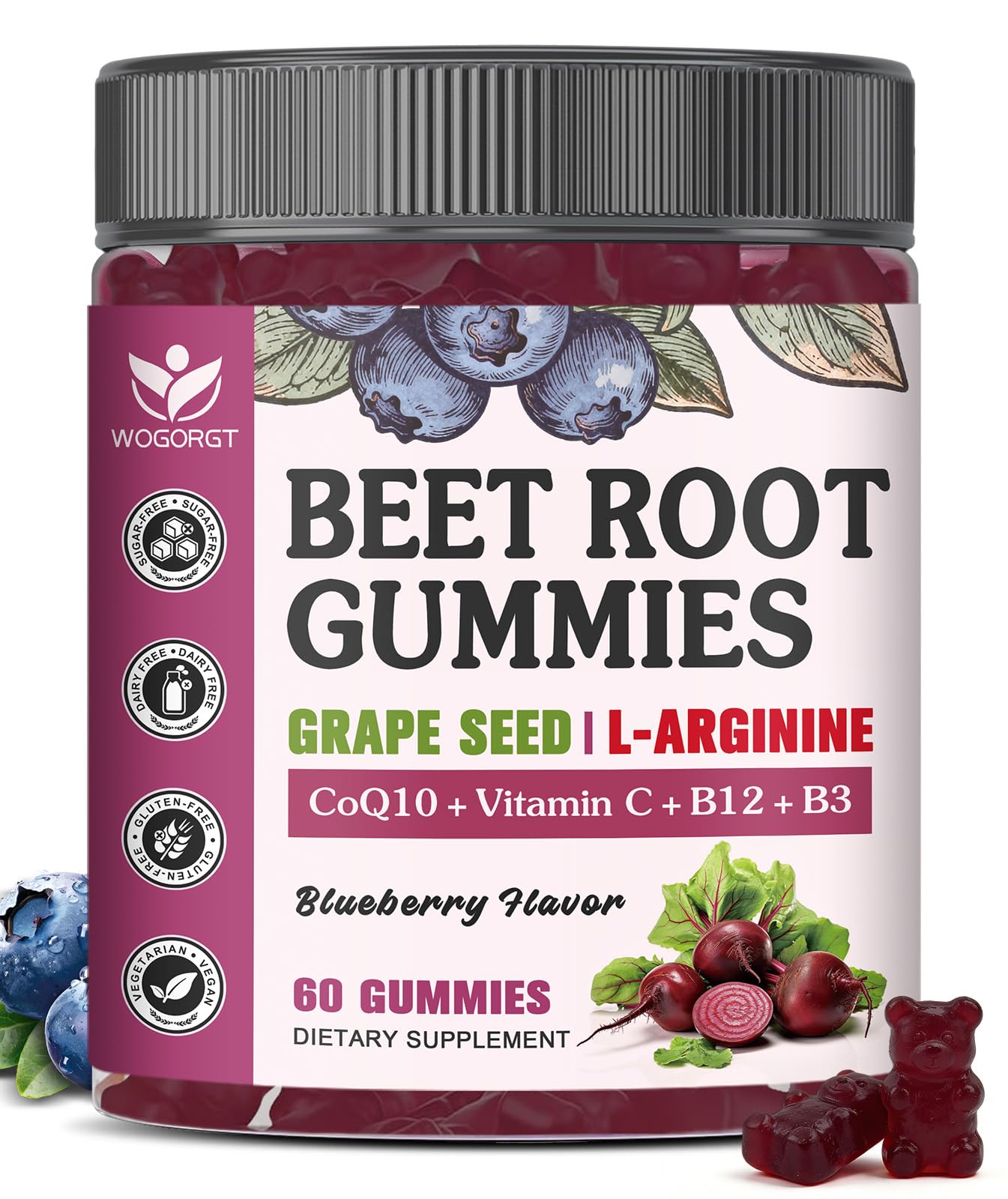Beet Root Gummies for Men & Women, Nitric Oxide Booster, Sugar Free, 60 Ct