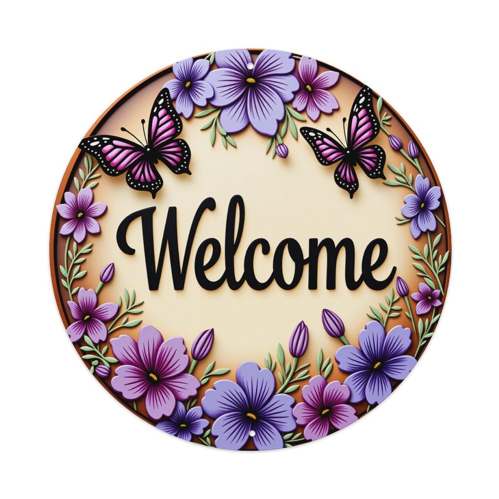 Floral Butterfly Welcome Sign Pattern Round Tin Sign Vintage Style Metal Sign Home Bar Garden Wall Plaque Decor Metal Poster 8x8 Inch