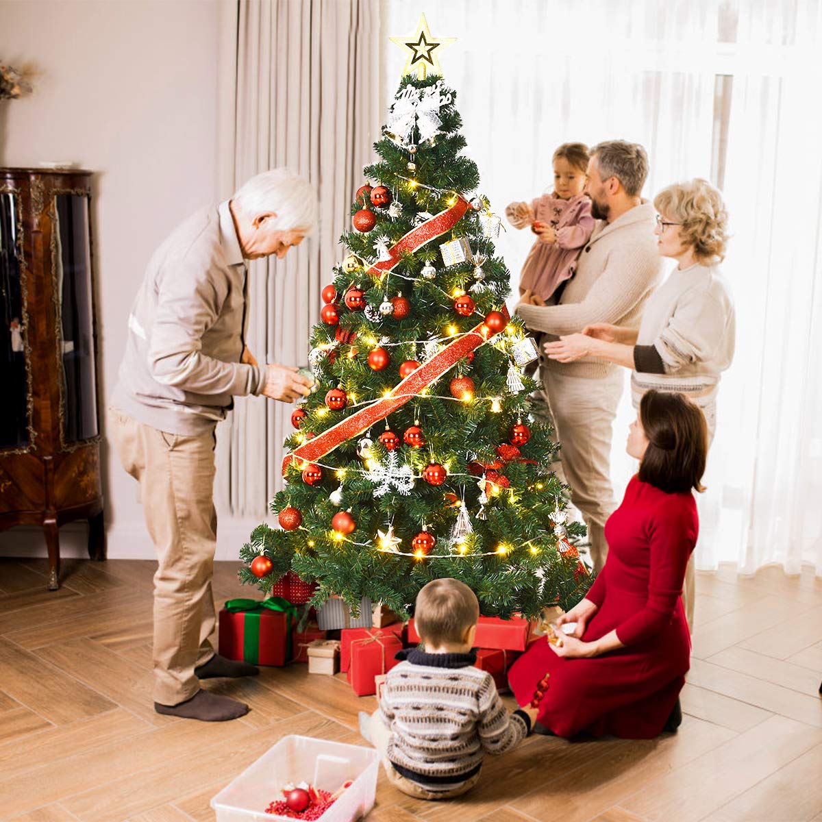 COSTWAY Albero di Natale Artificiale 150/180/210/240 CM, Albero di Natale Verde con 350/650/950/1138 Rami e Base in Metallo, Decorazioni Natalizie per Casa, Ufficio e Negozio (180 CM)