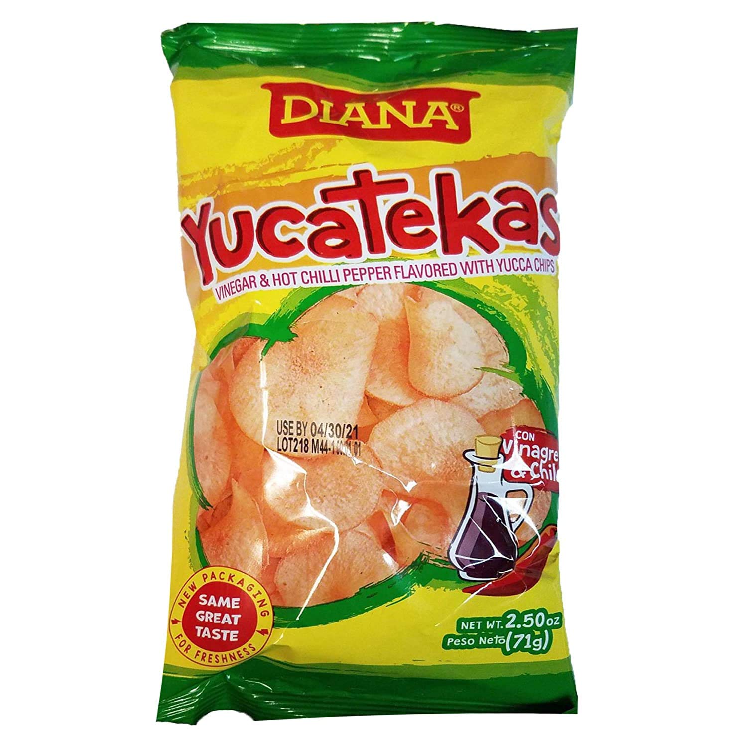 DianaYucatekas (VINEGAR & HOT CHILLI PEPPER FLAVORED WITH YUCCA CHIPS) 2.29 Oz., 65g/ same great taste. (pack03)