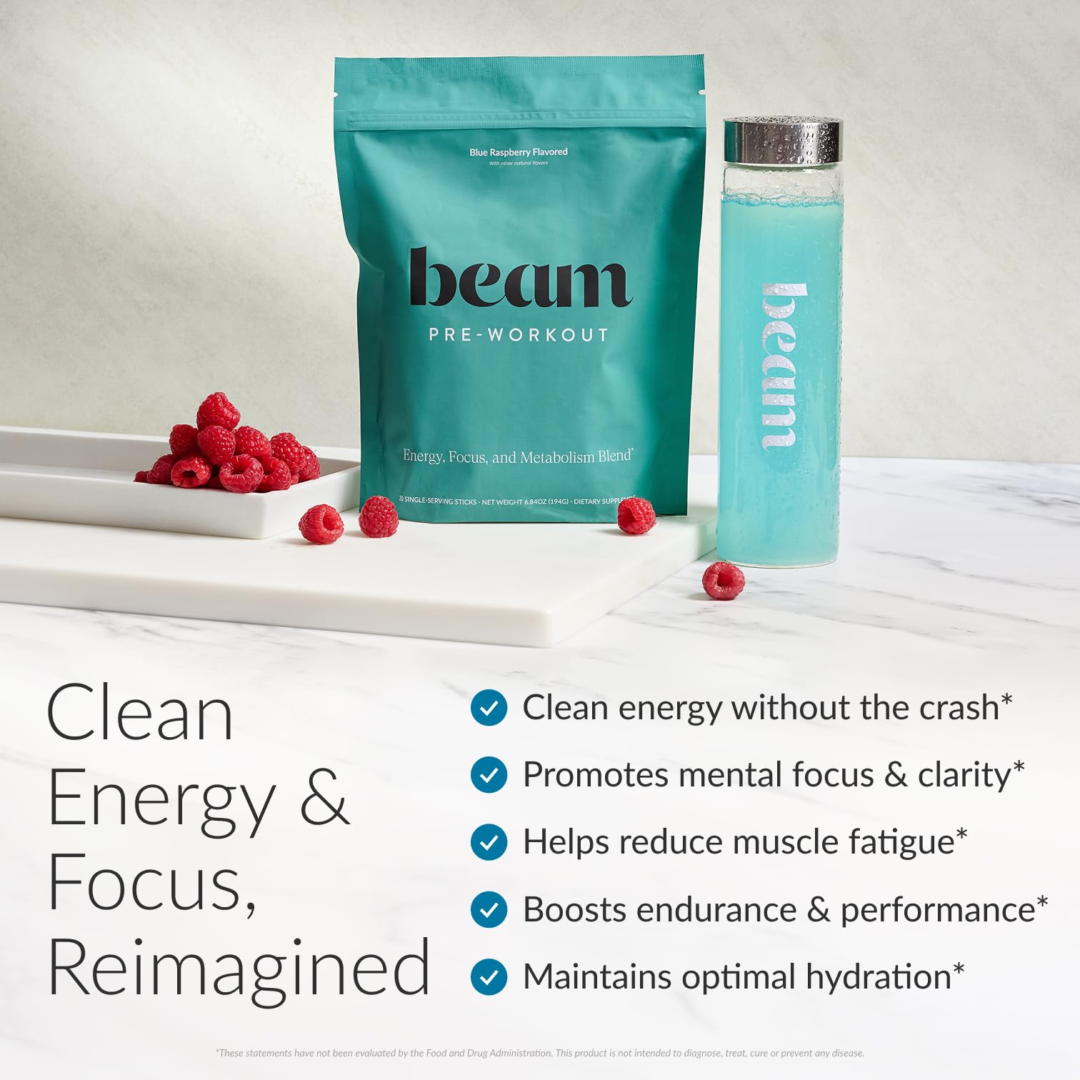 BEAM Pre Workout Powder – Pre Workout Supplement with Organic Caffeine, 350 mg Electrolytes & Nootropic Focus Support, No Sugar, Pre Workout for Women & Men, Blue Raspberry Flavor, 20 Servings — Amazon image 2