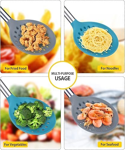 Miniatura 3 de Juego de 2 coladores de cucharones de cocina grandes con alta resistencia al calor, sin BPA, antiadherentes para drenar y freír (gris y azul azulado)