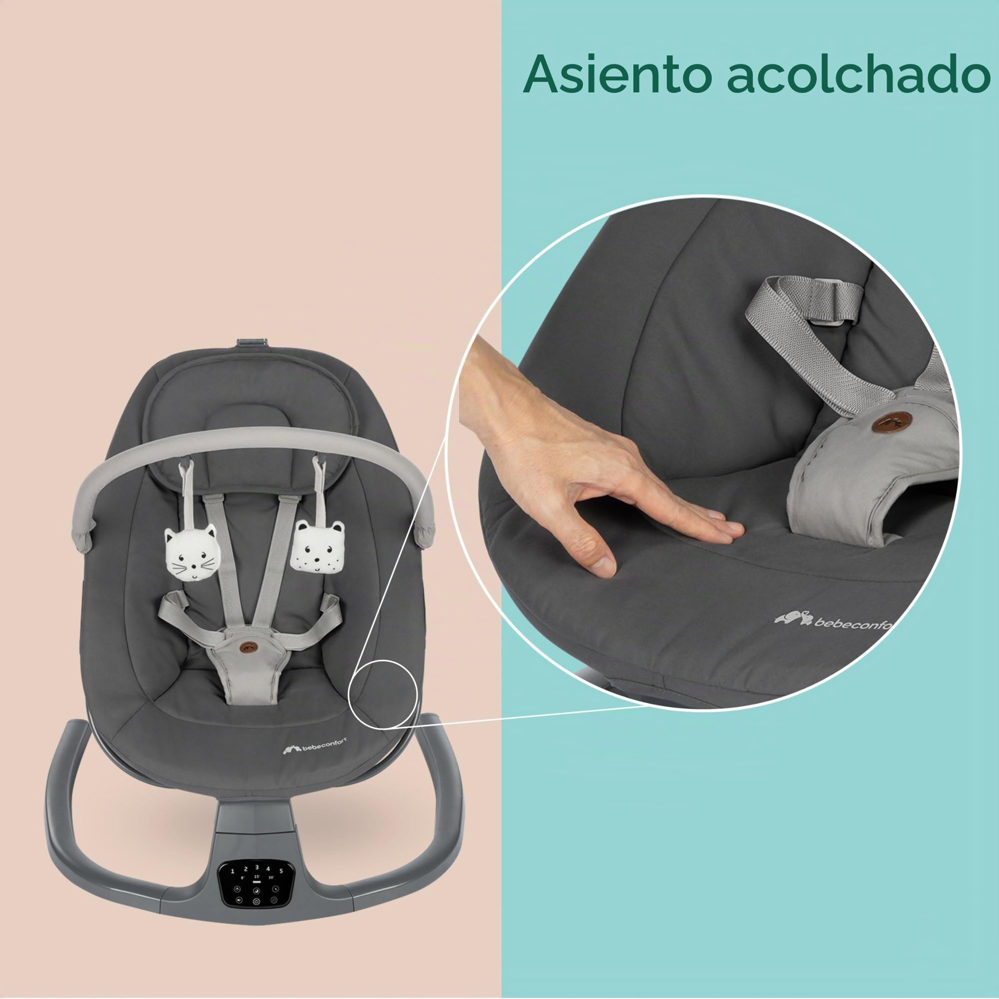 Bebeconfort Jolana - Columpio eléctrico para bebé, 0-6 meses (9 kg), detección automática de movimiento, 12 canciones de hollín, 5 sonidos naturales, respaldo ajustable, 2 posiciones reclinables