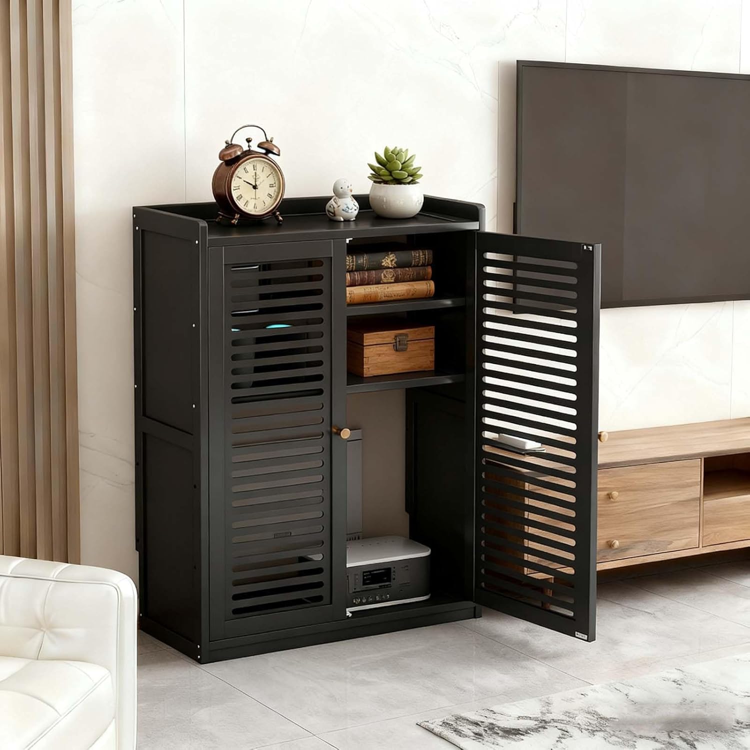 WiFi Router Box Hider - Stylish Floor Standing Cabinet with Multi-Layer Storage & Cable Management, Perfect for Home Office & Media Devices (Black, 59 * 25 * 82 cm)