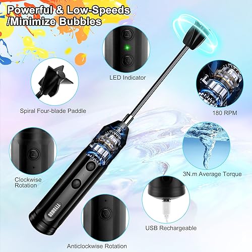 Miniatura 3 de Mezclador de resina epoxi con 2 paletas mezcladoras de epoxi, recargable, potente y lento motor para resina epoxi, silicona, mezcla de pintura, sin