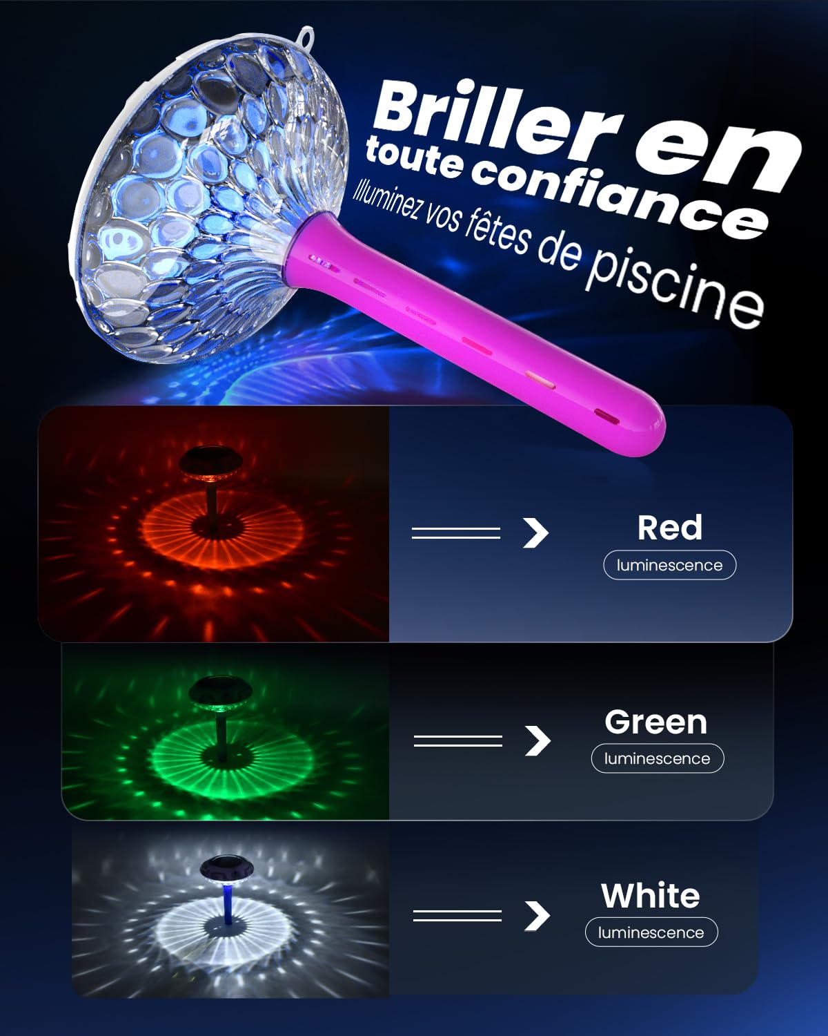 Lampe de piscine solaire avec double écran LCD, thermomètre de piscine flottant facile à lire, 8 effets lumineux dynamiques, thermomètre numérique étanche IPX7