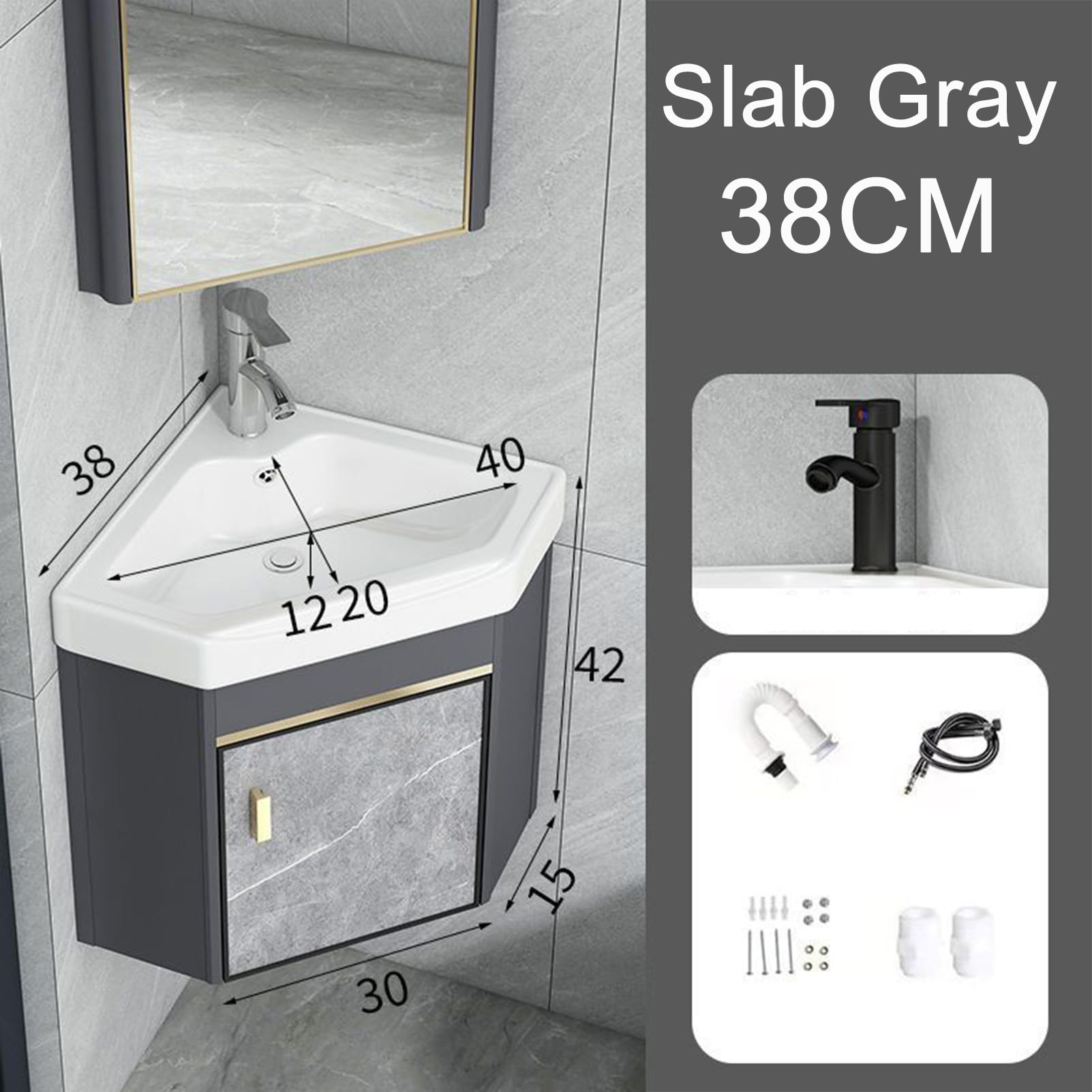 mueble baño con Lavabo suspendido pared 38cm, Lavabo sobre encimera con grifo, lavabo pequeño esquinero de cerámica, Diseño compacto, para cocinas compactas, cocinas, caravana, baños