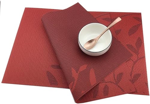 Miniatura 4 de Gugrida Juego de 6 manteles individuales de PVC, juego de 6 manteles individuales de PVC, color natural (6 piezas, hojas rojas) hoja-rojo,Hoja