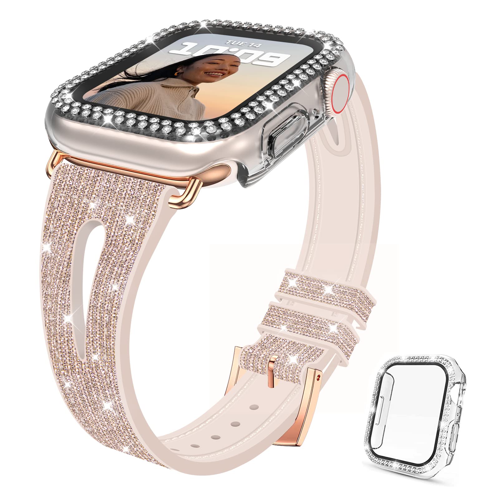 YMHMLBand Compatible for Apple Watch with Tempered Glass Case, Bling Silicone Wristband Strap with Clear Diamond Rhinestone Bumper Cover for iWatch Accessories Women.