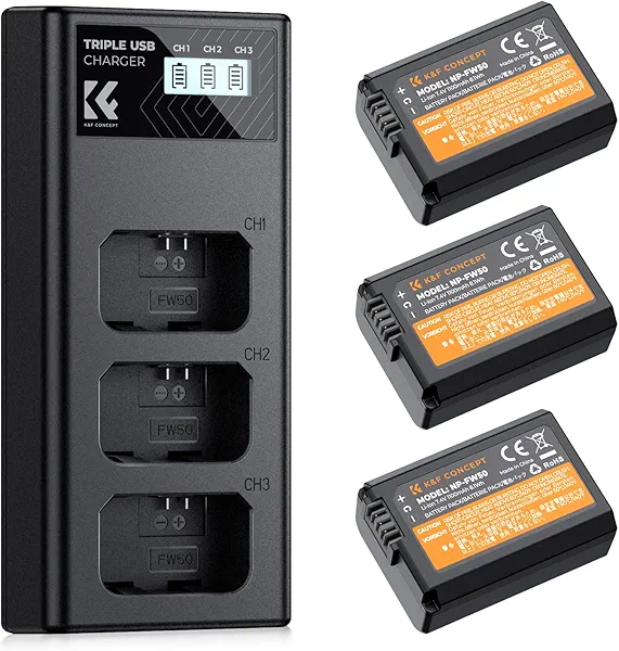 K&F CONCEPT 3-Pack NP-FW50 Battery and Upgraded 3-Slot ZV-E10 Battery Charger Compatible with Sony Alpha A6400 A6000 A6300 A6500 A5000 A5100 A7 A7II A7R A7RII A7S A7SII RX10 II III IV Cameras