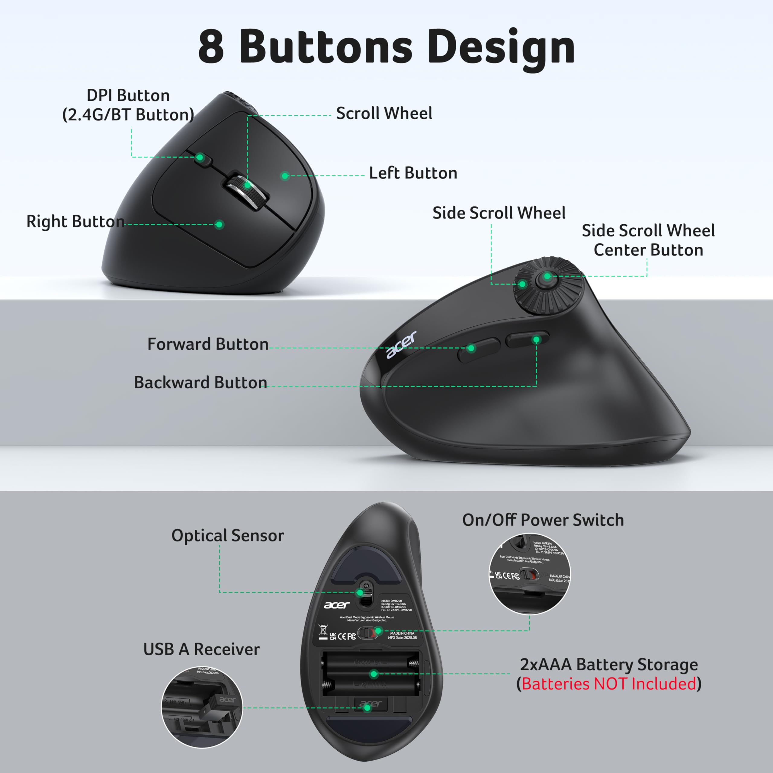 acer Ergonomic Mouse Wireless with Side Scroll Wheel, Bluetooth Mouse for Laptop(BT5.2+2.4GHz), Office Vertical Computer Mice, Small to Medium Sized Hands Ergo Mice, 8 Buttons for PC and Desktop — view 7