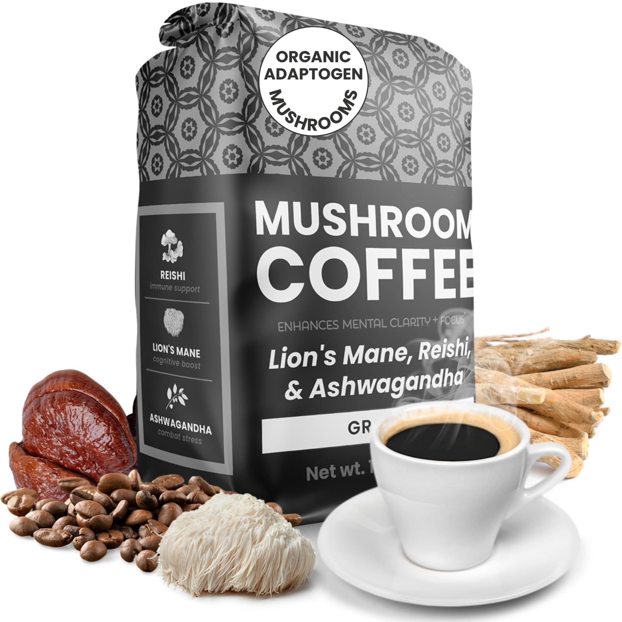 Moontower Mushroom Ground Coffee - Boost Mental Sharpness & Clarity with Lions Mane, Reishi, and Ashwagandha - Bold and Smooth Medium Roast Coffee for Elevated Experience (12 oz)