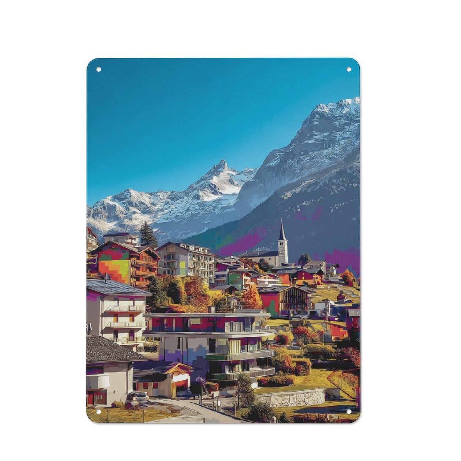Junmoney Mountain Village With Snow-Capped Peaks -1 Vintage Metal Plaque 40X30cm For Café Or Restaurant, A Decorative Gift For A Newly Furnished Café And Restaurant