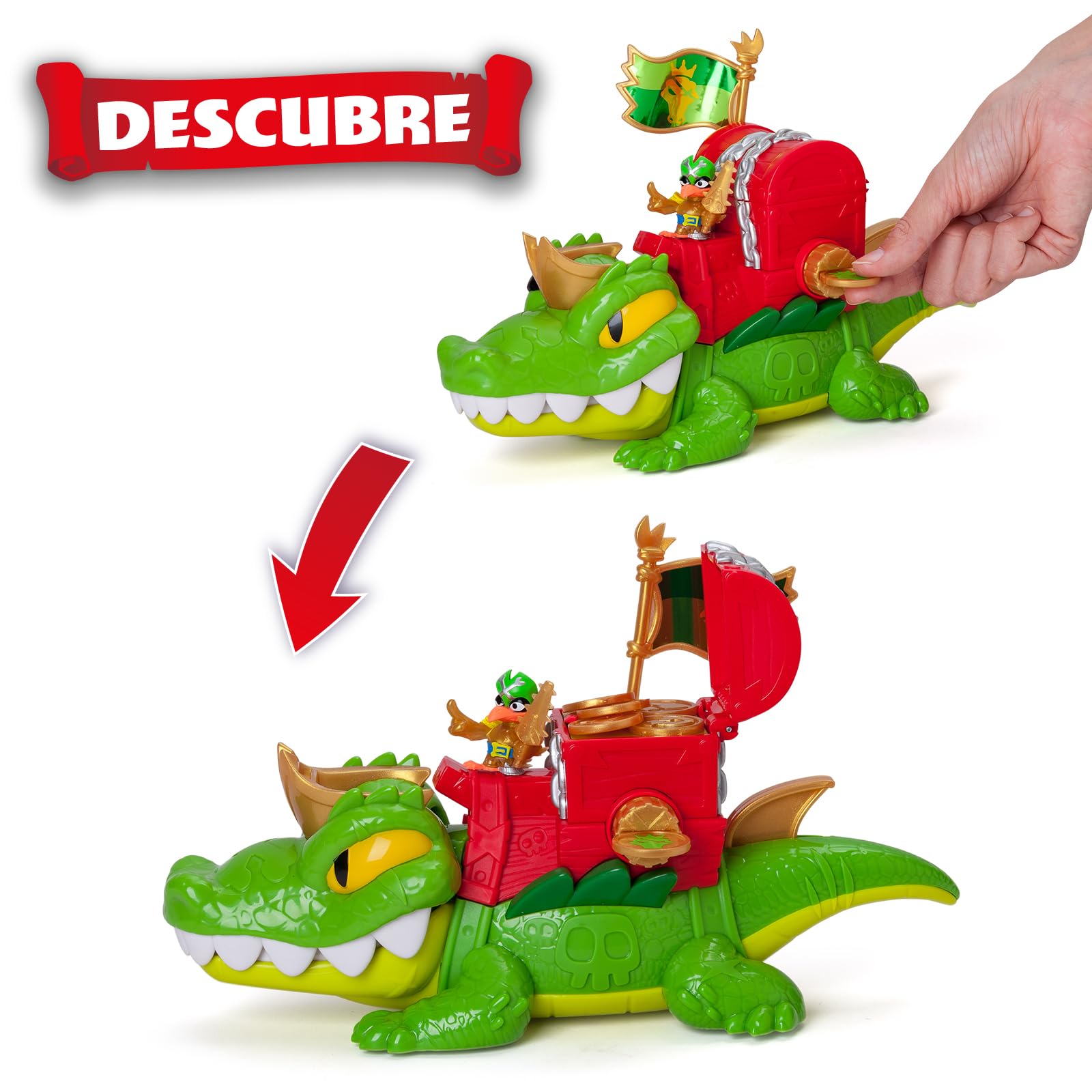 PIRATIX King Croc –Cocodrilo articulado,para capturar Piratix y con un cofre para guardar tesoros. Contiene 1 cocodrilo, 1 tesoro exclusivo, 2 tesoros dorados extras, 1 Piratix exclusivo y 1 accesorio