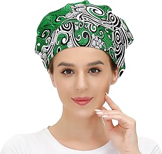 Working Cap with Button and Sweatband Adjustable Tie Back Bouffant Hats Printed Multi Color for Woman ManSeamless Pattern