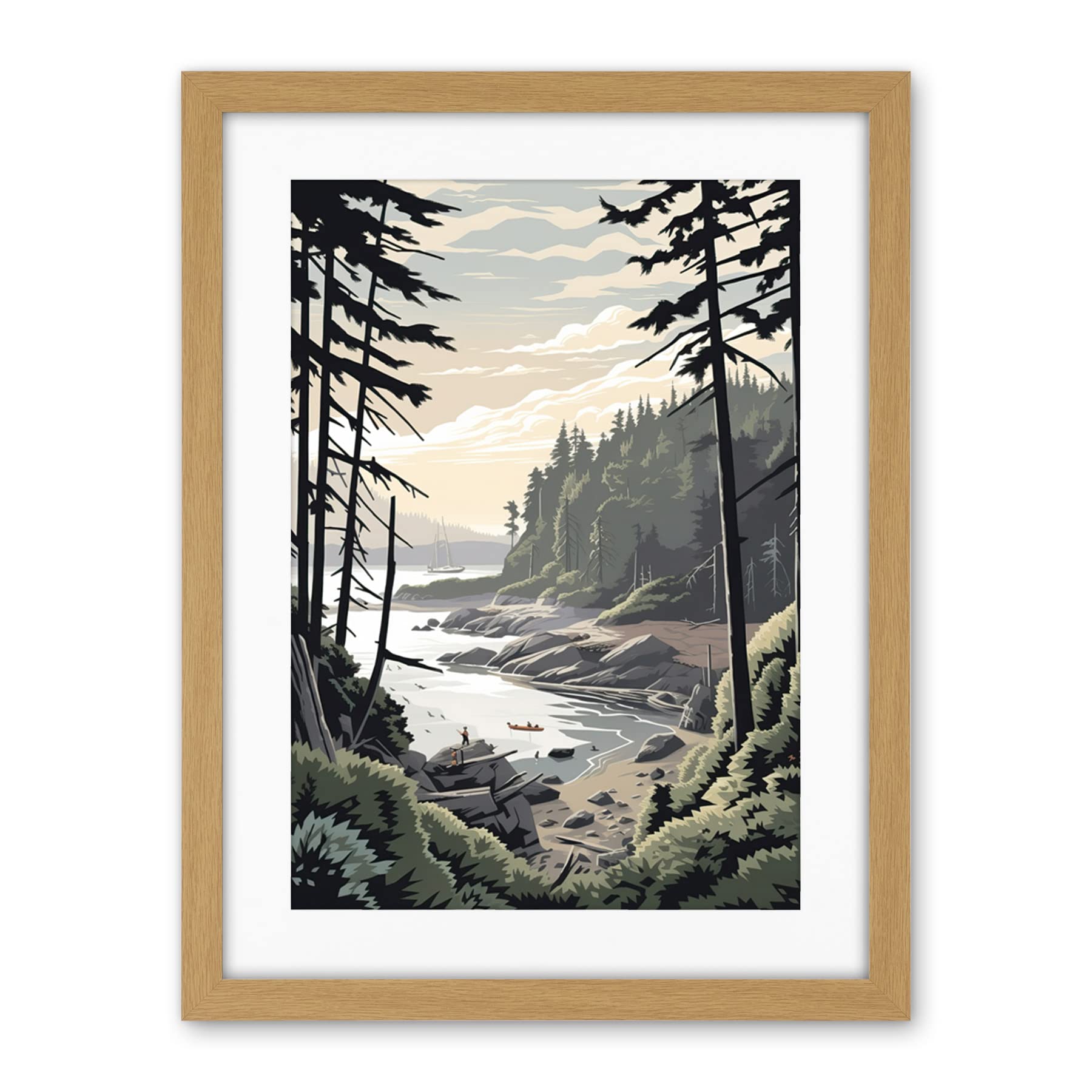 Artery8 Great Bear Rainforest Hikers Coastal Landscape Artwork Framed Wall Art Print 18X24 Inch