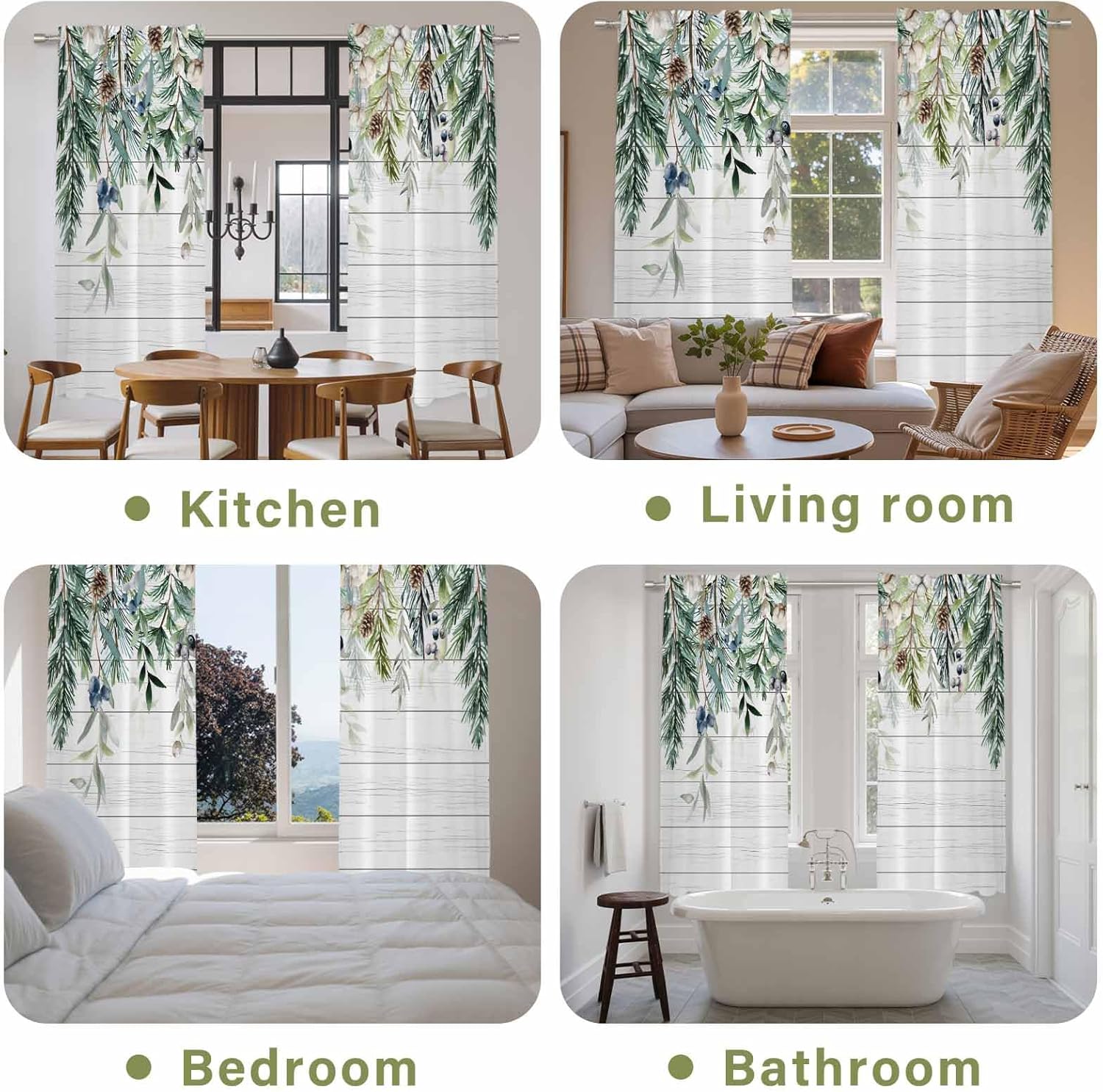 Green Christmas Window Curtains 72 Inch Long 2 Panel Set, Rod Pocket Long Curtains & Drapes, Weeping Berry Pine Cones Wooden Light Filtering Window Treatment for Bedroom Living Room 52"W x 72"L