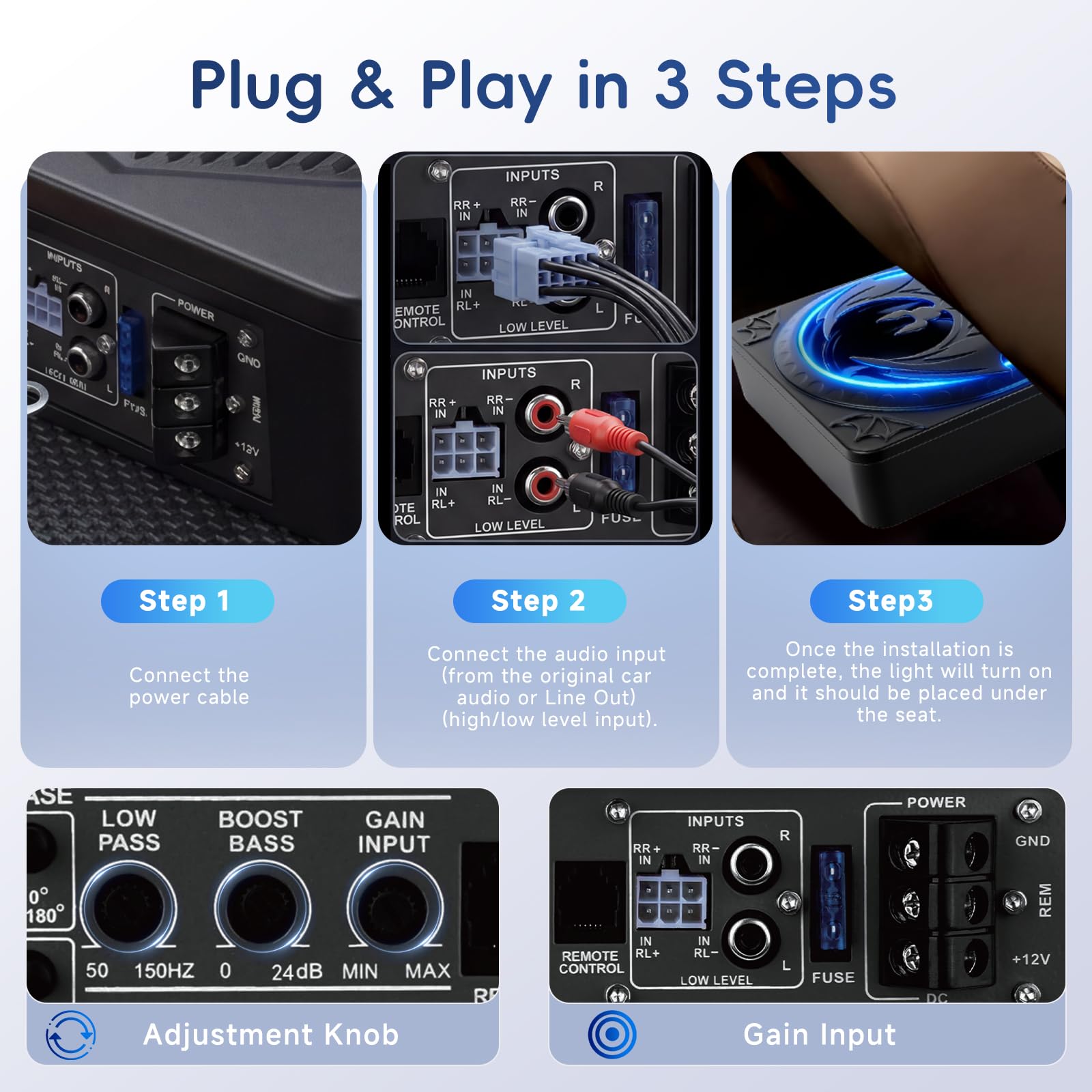 Rimoody Subwoofer Attivo a Progetto Piatto da 10 Pollici per Auto - 1200W Potenza Max, Bass Boost, Protezione Termica, Kit Montaggio Sotto Sedile LED Luci multiple
