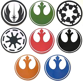 Rebel Alliance, Galactic Empire, Galactic Republic and Jedi Order Sticker Collection 8 Pack. Waterproof and UV Resistant PVC Stickers. Sticker Diameter: 75mm.
