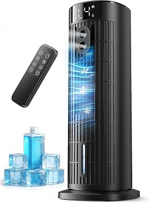 Climatiseur Mobile Portable Rafraîchisseur d’air Silencieux (Améliorée) pour Chambre – Puissance 7,5 m/s, Oscillation 90°, 4 Vitesses, 2 Modes, Minuteur 10H, Télécommande, Sans Lame, Noir Carbone