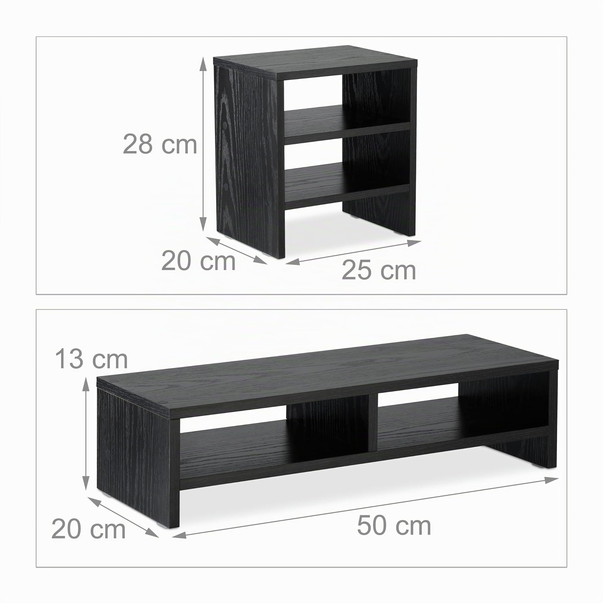 Relaxdays Supporto per Monitor con Ripiani Organizer, 2 Parti, Base Rialzata per PC da Scrivania, Casa e Ufficio, Nero
