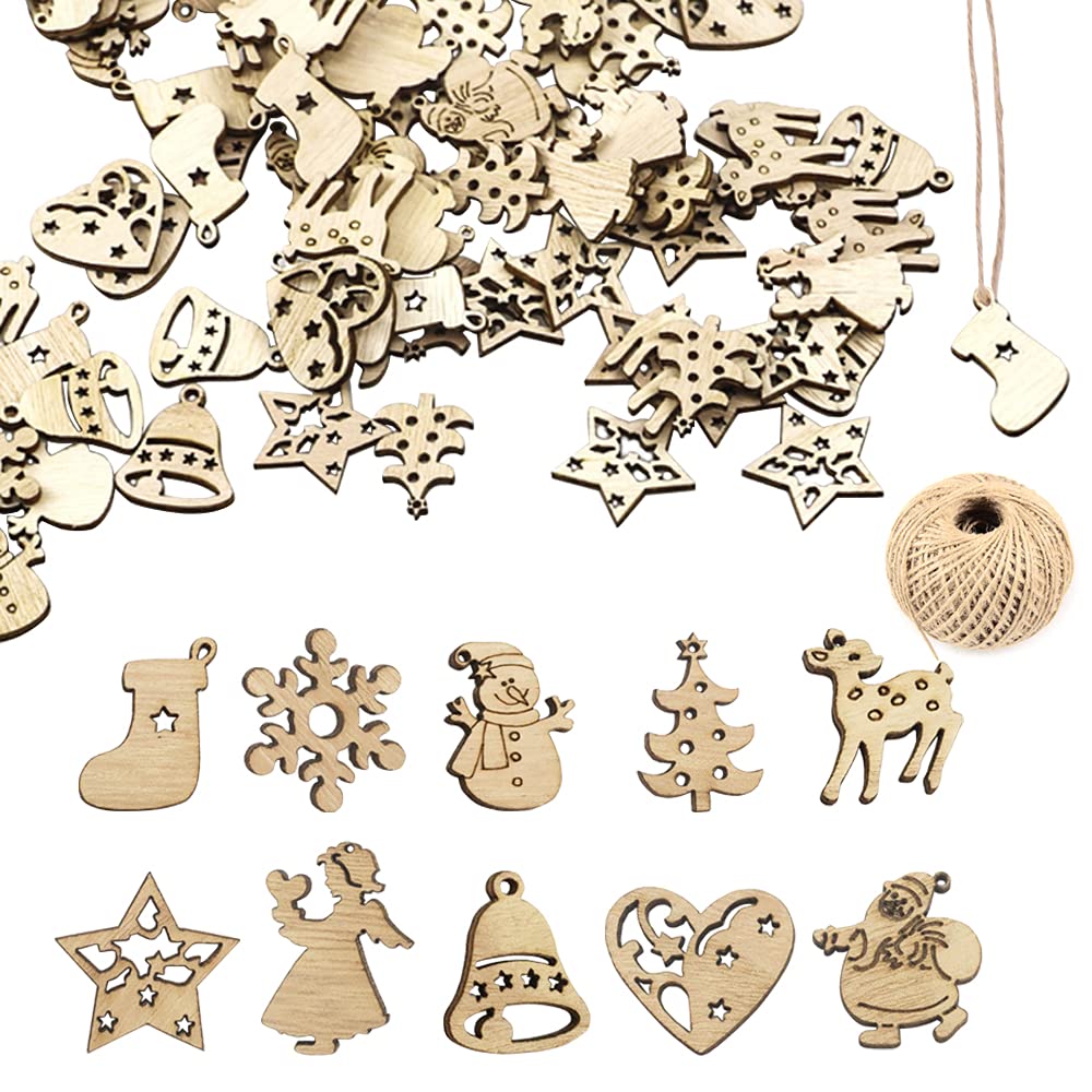 Arbol Navidad Madera Decoracion200 Piezas Mini Colgantes de Navidad de Madera Ornamentos de Navidad con Cuerda Rodajas de Madera Decoracion para Navidad Decoración(Patrón Aleatorio)