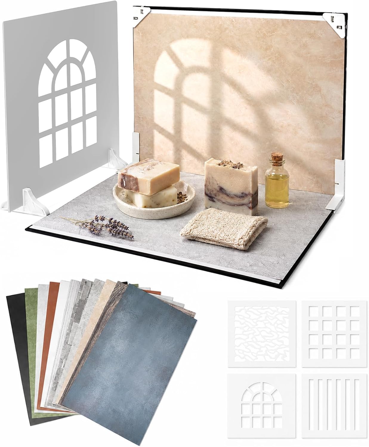 Product Photography Backdrops Kit, 16.5 x 11.7 inch, 22 Designs | 11 Double-Sided Photo Backdrops with 4 shadow props for food photography, jewelry, handmade products and UGC content.
