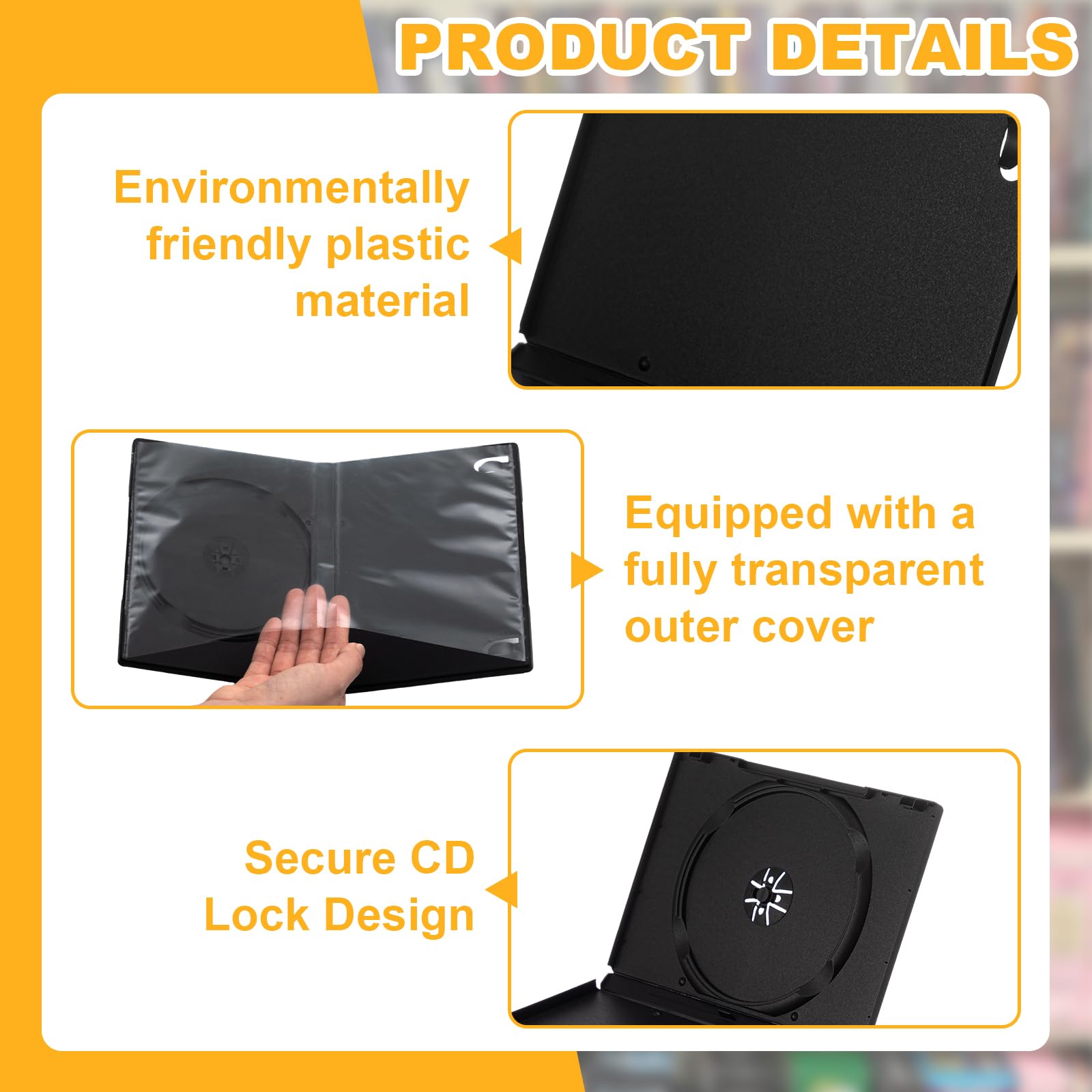 Paquete de 100 fundas estándar negras para DVD individuales de 14 mm, disco de plástico de 5.3 x 7.5 x 0.55 pulgadas con fundas protectoras transparentes y soporte de bloqueo de seguridad