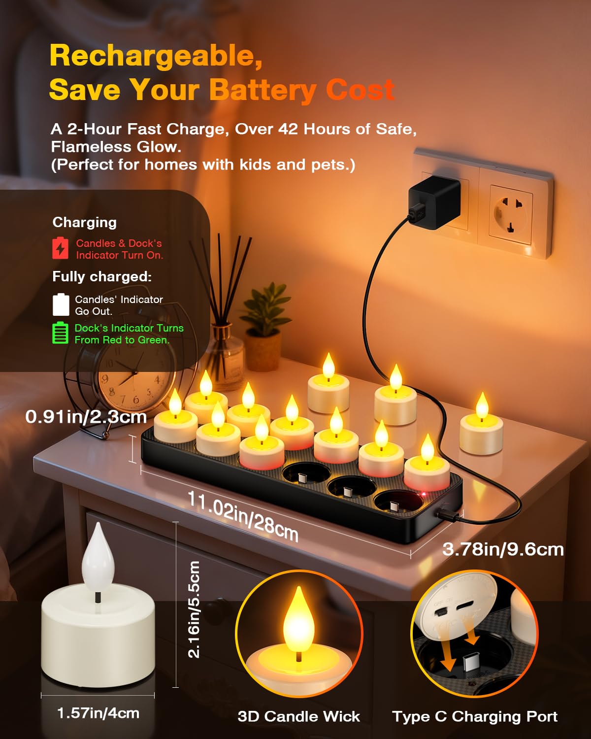 Yme Aufladbare LED Teelichter 12er Set mit Timer, Fernbedienung & Ladestation